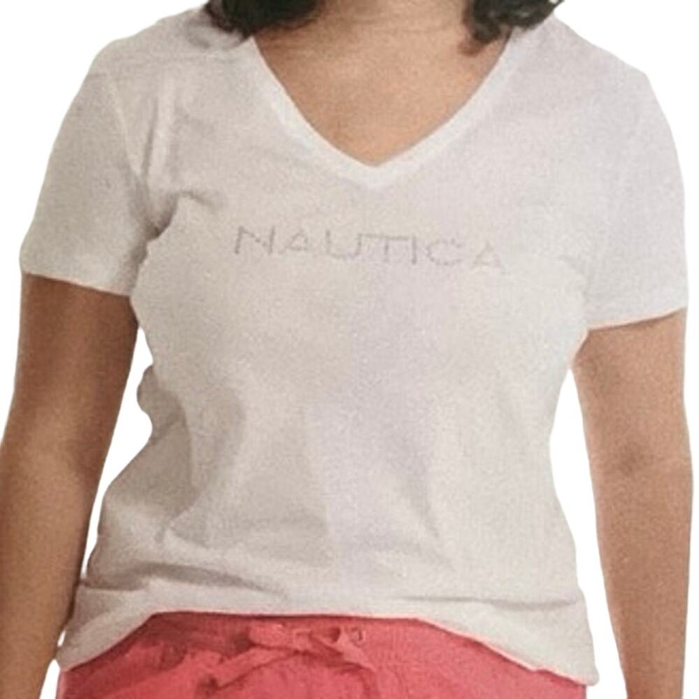 Nautica Ladies' White Gold Studded Short Sleeve V-Neck T-Shirt Medium